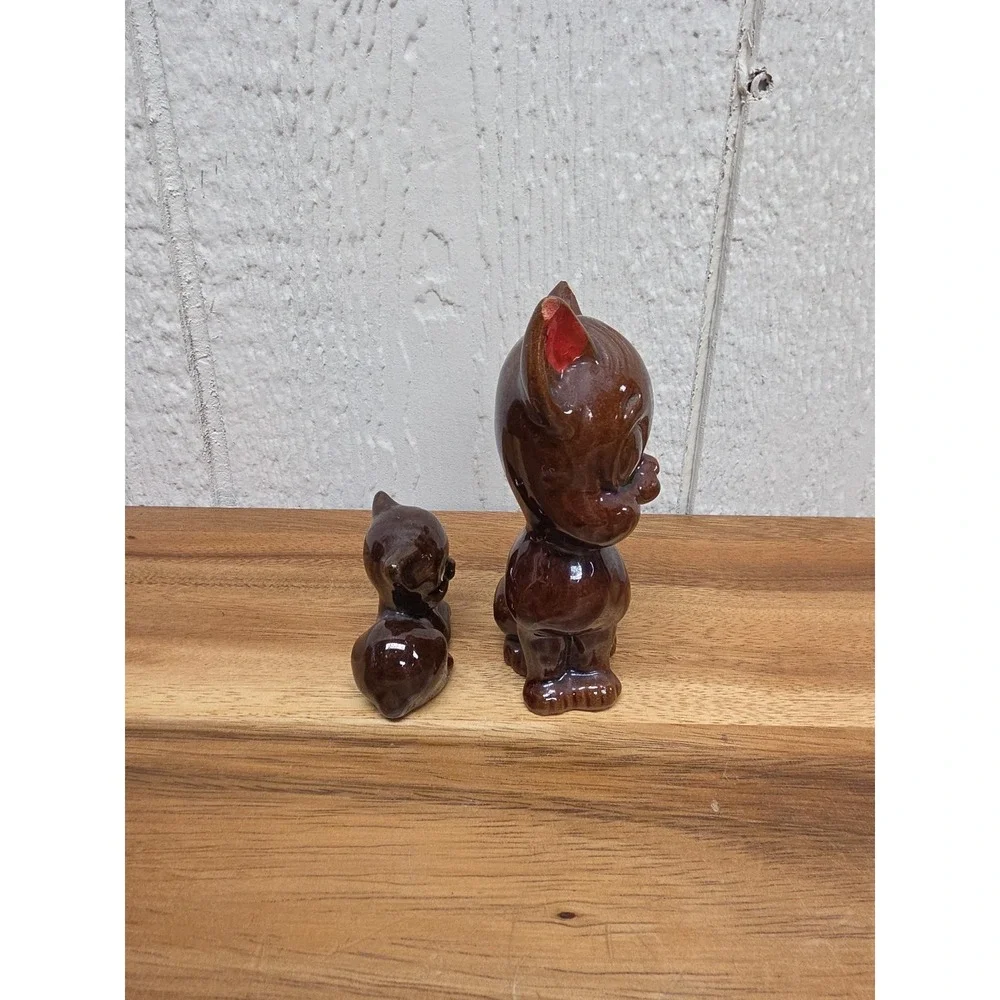 VTG - Red Clay Brown Glazed Mama Cat & Kitten Duo- Japan - VGC